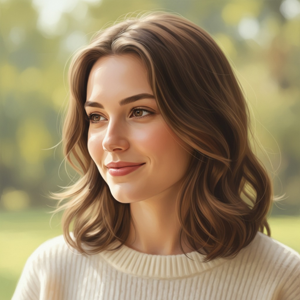 Una giovane donna con i capelli castani e ondulati indossa un maglione bianco e sorride all'aperto.